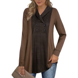 Bebonnie Tunic Sweatshirts for Women, Ladies Long Sleeve Casual V Neck Tunic Tops to Hide Belly Fat Pullover Christmas Sweaters Winter Fashion Business Casual Work Blouse Coffee Houndstooth L