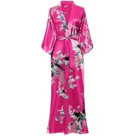 BABEYOND Women's Kimono Robe Long Satin Silky Robes with Peacock and Blossoms Printed Kimono Nightgown