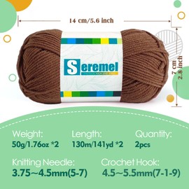 2 Pcs Soft Fluffy Acrylic Yarn for Crocheting and Knitting #4Worsted Weight Yarn-2x50g/2x 142Yards Perfect for Crafts, Blankets Hats, Gloves, Scarf (Coffee)
