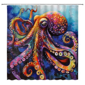 EVRCVAR Octopus Shower Curtain Nautical Kraken Tentacles Colorful Ocean Marine Life Watercolor Art Oil Painting Modern Bathroom Curtain Fabric with Hooks(70" WX70 H)