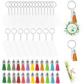 24 Sets Acrylic Key Ring Blanks, 16 Round 5 cm and 8 Rectangular 3 x 7 cm, with 24 Tassels & Key Rings, for DIY Key Chains & Creative Gifts