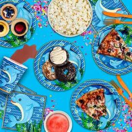 Juego de suministros para fiesta de cumpleaños de delfín, platos, servilletas, tazas, vajilla para 16