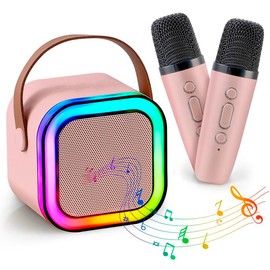 Portable Bluetooth karaoke speaker with 2 wirelessmicrophones and LED lights, suitable for family birthdayparties, outdoor sports - Color: Pink