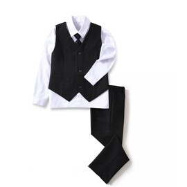 YuanLu 4 Piece Boys' Formal Suit Set with Black Vest Pants White Dress Shirt and Tie Size 12
