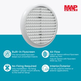Map Louvre Air Vent Cover for Openings 80-152mm, Integral Flyscreen Mesh, for Bathroom, Kitchen, Shed, Garage, External & Internal Walls (1, White)