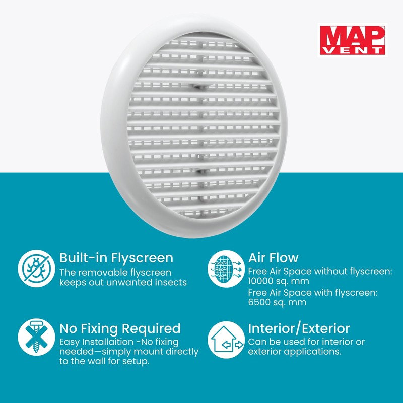 Map Louvre Air Vent Cover for Openings 80-152mm, Integral Flyscreen