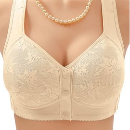Daisy Lace Bras for Women Front Closure No Underwire Comfort Senior Wireless Snap Closing Bra Apricot 40D