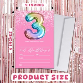 Wybgno Pink 3rd Birthday Invitation for Girls 20 Pieces Glitter Birthday invitation Rainbow Foil Print Invite Cards With Envelopes, Birthday Party Supplies (4×6 inch) -C20