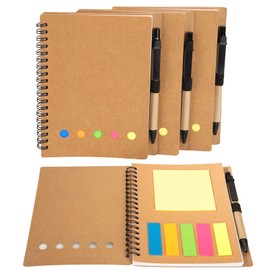 Spiral Notebook Spiral Book Kraft Paper Cover Notepad Diary Notepad with Pen in Holder & Sticky Notes & Colourful Sticky Marker Film for School, Office, Home, Pack of 4