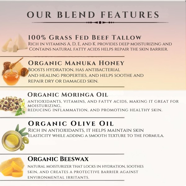 Azmera Beauty 100% Grass-Fed Beef Tallow Balm, Moisturizing Cream with