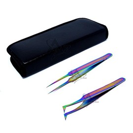 SET OF 2 Stainless Steel Multi Titanium Rainbow Color 3D Eyelash Extension Tweezers A type Straight + Semi ANgled Fine Point (A2Z)