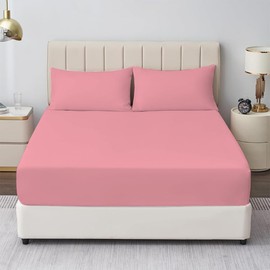 Rohi® Double Fitted Sheet with Two Pillowcases – 25cm Depth – Pure Polycotton Plain Bedding (Double Fitted Sheet & Pillowcases, Pink)