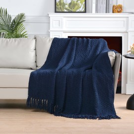 JOOJA Throw Blanket for Couch Knit Blanket Textured Chenille Blanket for Bed Super Soft Cozy Warm Blanket with Tassels for Chair Sofa Living Room, 50x60 Inches Navy Blue
