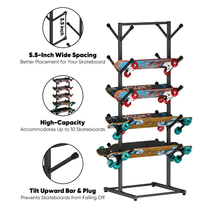 Tuohours Skateboard Racks Floor Stand Holder, Freestanding 5-Tier Skateboard Storage
