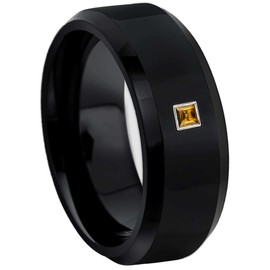 Beveled Black Mens Tungsten Carbide Wedding Band with 0.05ctw - 0.10ctw Princess Cut Citrine - Comfort Fit Tungsten Anniversary Ring - RG Bezel