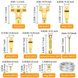 285PCS picture hooks,picture hanging kit,picture hanging hooks,picture hooks for plasterboard walls,picture hooks for hard walls,picture frame hooks,picture hangers,brass picture hooks heavy duty nail