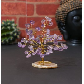 FASHIONZAADI Amethyst Clear Quartz Carnelian Green & Yellow Aventurine Mix Chakr Mini Tree Crystal Money Tree Agate Slice Stone Tree Ornament For Living Room Decor Tree of life Gift Size 80-85mm