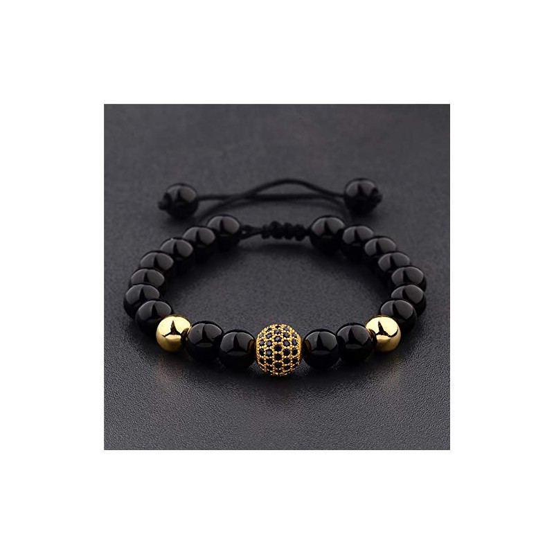 Hsitgexf 8MM Black Obsidian Bracelet Cubic Zirconia Bracelet Black Onyx