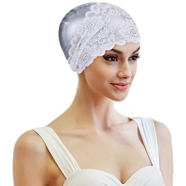 Womens Swimming Cap Ladies Waterproof Swim Cap Lace Flower Swimming Hat Bathing Cap Ears Protection Cap Super Elastic Turban Swimming Cap Comfortable Shower Cap Surfing Cap for Long Hair Short Hair