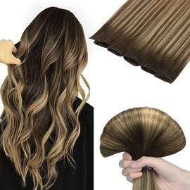 DOORES Weft Remy Human Hair Extensions Handtied, 24 Inch Balayage Chocolate Brown to Caramel Blonde 60g, Human Hair Extensions Sew in