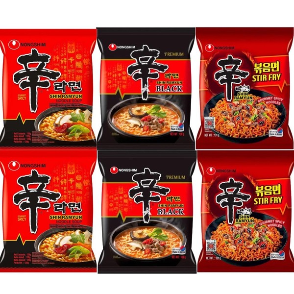 Nongshim SHIN Ramyun Korean Ultimate Spicy Ramen Bundle - Shin x 2, Black x 2 & Stir Fry x 2 (Pack of 6)