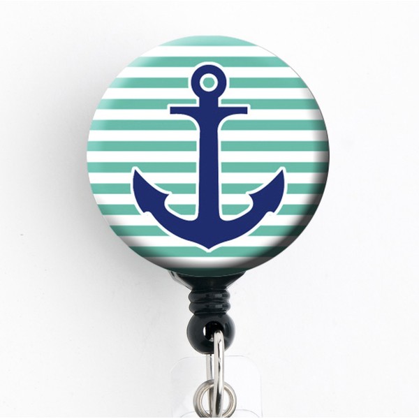 Anchor Teal and Navy Blue Stripe - Retractable Badge Reel with Swivel Clip and Extra-Long 34 inch Cord - Badge Holder