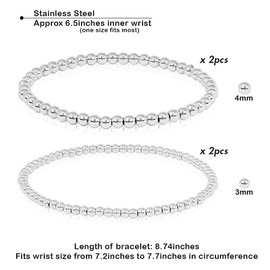 by you Stainless Steel Gold Silver Beaded Ball Bracelets for Women Stretchable Elastic Bracelet Set (4mm 2pcs + 3mm 2pcs - Silver)