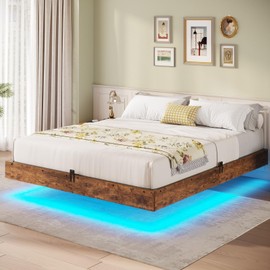 BTHFST Floating Bed Frame Queen Size with LED Lights, Industrial Wooden Metal Queen Platform Bed, Solid and Stable, Noise Free, No Box Spring Needed, Easy Assembly