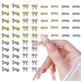 CHANGAR 60 Stück 3D-Nagelkunst-Anhänger mit Schleife, Gold/Silber, Nagel-Anhänger aus Metalllegierung, süße Fliege, Nagelkunst-Schmuckzubehör für DIY-Nagelkunst, Bastel-Dekoration
