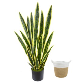 Warmplants Artificial Snake Plant, 3ft Fake Sansevieria with Basket, 35" Fake Mother in Law Plants, Perfect Faux Potted Plant Greenery for Indoor Home Office Store Lifelike Decoration (Yellow)