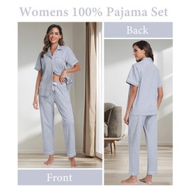 CF Womens 100% Cotton Pajamas Set Button Down Pjs Sets Short Sleeve Top & Pants Sleepwear Comfy Loungewear with Pockets(Grey,M)
