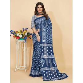 Jaanvi fashion Handicrafts Women's Ikat Hand Block Print Cotton Mulmul Saree with Unstitched Blouse Piece, Ocean Blue-white, Free