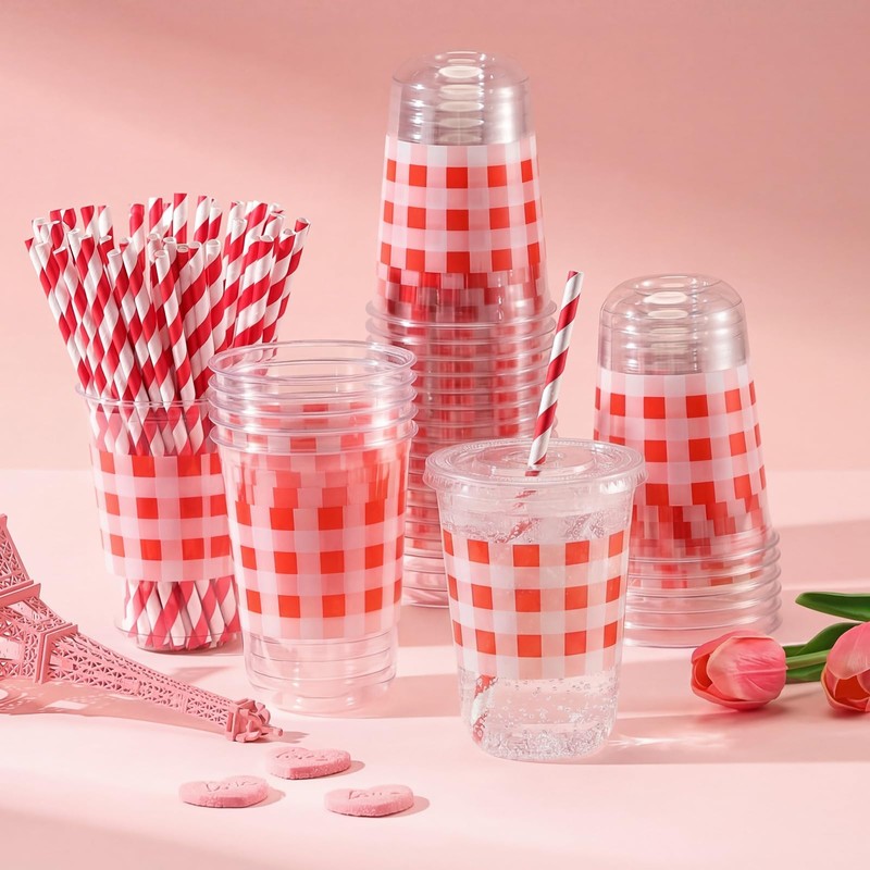 Singhoow 50 Set 16 oz Red U-gingham Gingham Cups Plastic