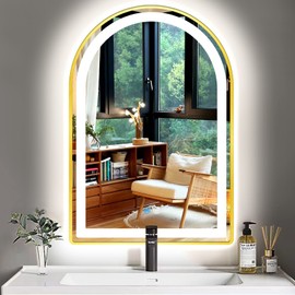 TiliKuly 20 x 30 Inch Gold Framed Arch LED Mirror for Bathroom Salon Wall Table Arch Makeup Vanity Mirror with Lights Gold Frame Smart Memory 3 Color Dimmable AntiFog 30 Golden Arched Lighted Mirror