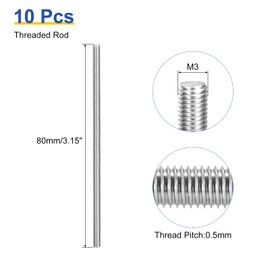 sourcing map 10Pcs M3 x 80mm Fully Threaded Rod 304 Stainless Steel Right Hand Threads Bar Studs for Anchors Bolts, Clamps, Hangers and U-Bolts, M3-0.5 Thread Pitch