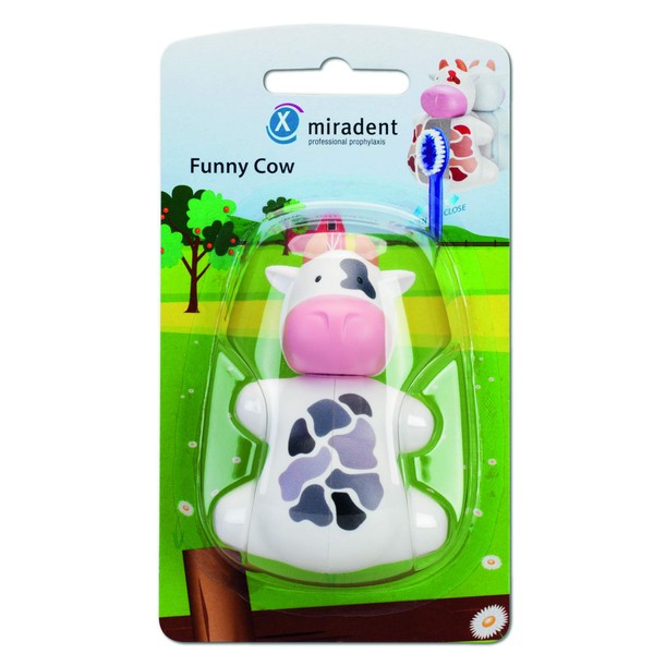 miradent Funny Animals Hygienic Toothbrush Holder Cow Pack of 1 | Patented Snap Closure | with Ventilation | Suitable for Standard Toothbrushes | with Suction Cups | for Children from 3 Years