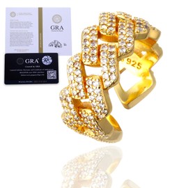 HALUKAKAH Men's Moissanite Cuban Link Ring,D Color 2.1 ct Total,18k Real Gold Plated Sterling Silver,2.1 Carats Lab Grown Diamond,Adjustable Size,Timeless Present for Husband,Boyfriend,Birthday