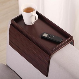 GEHE Sofa Arm Tray Bamboo Sofa Tray Table for Couch, Sofa Armrest Tray Table Anti-Slip Arm Table Clip On Tray Sofa Table, Couch Cup Holder for Snacks,Phone,Control,Cups,Flexible and Foldable - Color: Mahogany