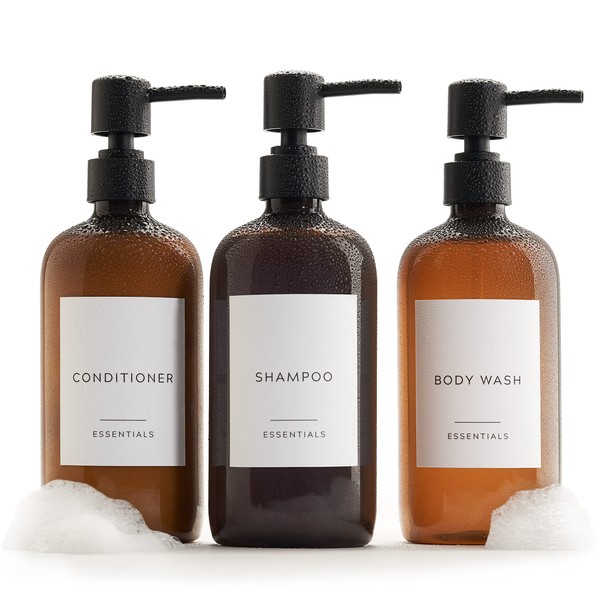 Stylish Shampoo and Conditioner Dispenser Set of 3 - Modern 21oz Shower Soap PET Bottles with Pump and Labels - Easy to Refill Body Wash Dispensers for an Instant Bathroom Decor Upgrade