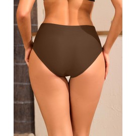 Tempt Me Mid Waist Brown Bikini Bottoms-Full Coverage Bathing Suit Bottom with Pockets S