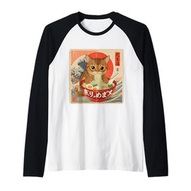Tabby Cat Ramen Japanese Wave Art for Women, Men, and Kids Raglan Baseball Tee