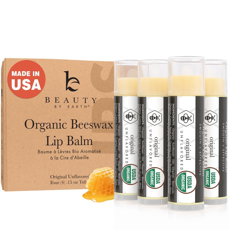 Lip Balm Organic (Original Unflavored) 4 Tube Pack Pure and