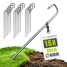 idea-station Tent Pegs Pack of 15 – 20 cm Long – Rustproof Pegs Made of Reinforcement Steel – Sturdy Pegs for Tents and Camping