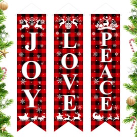 3Pcs Christmas Party Decorations Banner Red Buffalo Plaid Joy Love Peace Front Door Porch Sign Banner Xmas Rustic Farmhouse Hanging Banner for Christmas New Year Winter Holiday Party Decor Supplies