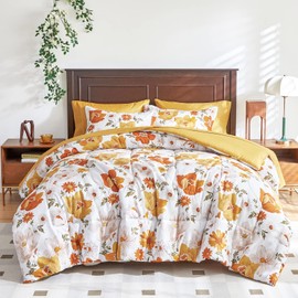 Yellow Floral Comforter Sheet Set Bed in a Bag 6 Pieces Twin Size Orange Flowers Microfiber Summer Bedding Set (1 Comforter 2 Pillow Shams 1 Flat Sheet 1 Fitted Sheet 1 Pillowcases)