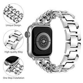 Vamyzji Compatible with iWatch Band 49mm 46mm 45mm 44mm 42mm, Stainless Steel Metal Band for iWatch Ultra,Ultra 2 1 Series 10 9 8 7 6 5 4 3 2 1 SE, Cool Chain Strap for Women Men(Silver)
