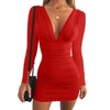 GOBLES Women's Sexy Long Sleeve V Neck Ruched Bodycon Mini
