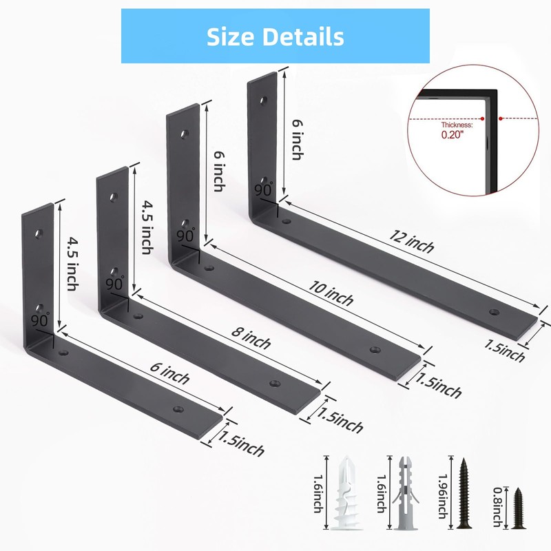 6-Pack Heavy Duty 6-Inch Black Shelf Brackets, L Shelf Bracket