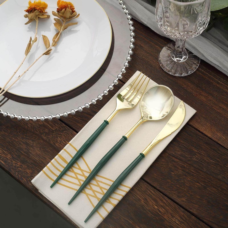 Tableclothsfactory 24 Pack | 8" Metallic Gold with Hunter Emerald