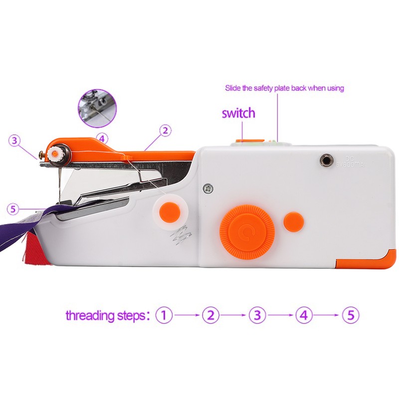 Handheld Sewing Machine Orange Portable Mini DIY Ergonomic Handle Electric